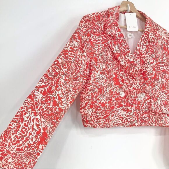 FATE Red Orange Linen Cotton Floral Print Cropped V Neck Spring Blazer NEW - Picture 8 of 16